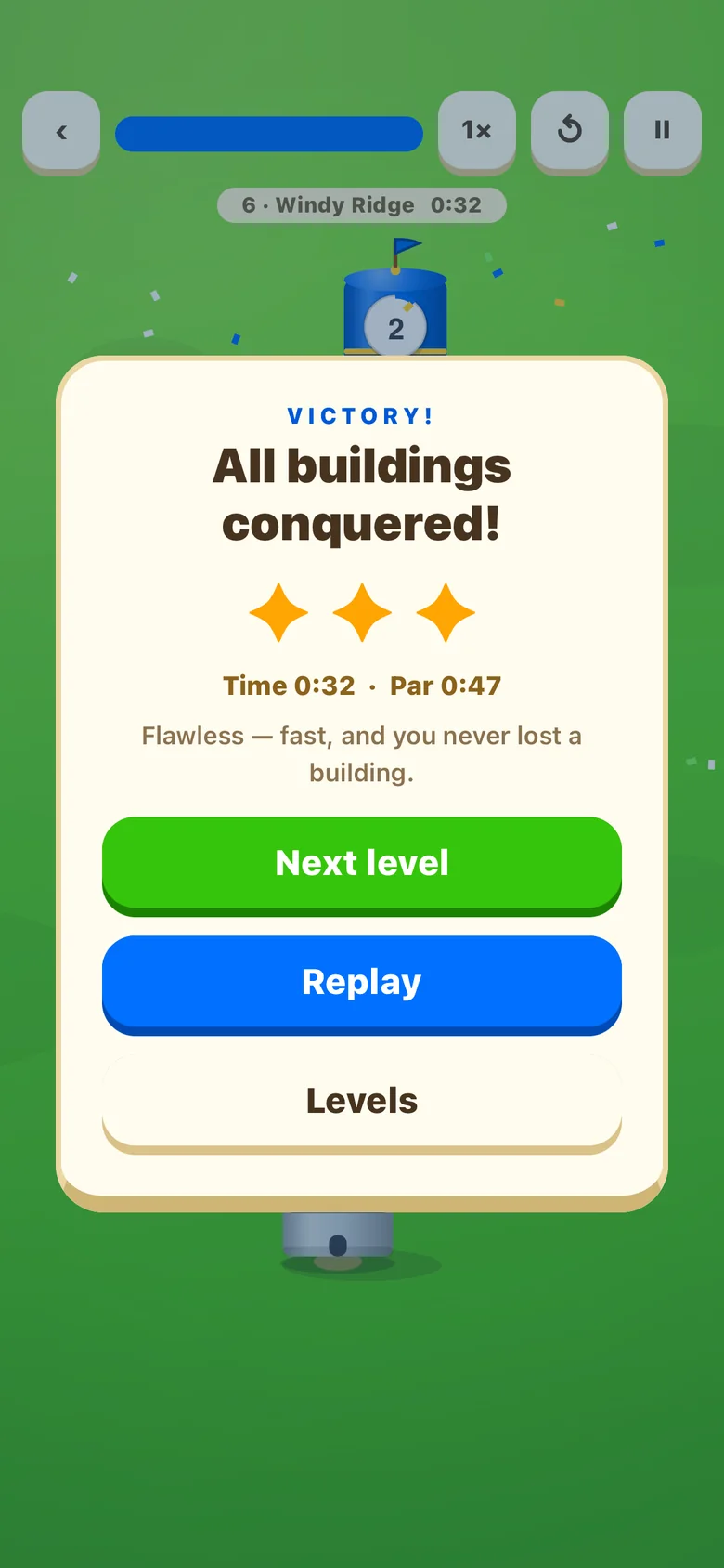 The Fort Wars victory panel: All buildings conquered, three gold stars, a time of 0:32 against a par of 0:47, the line reading Flawless: fast, and you never lost a building, and Next level, Replay and Levels buttons.