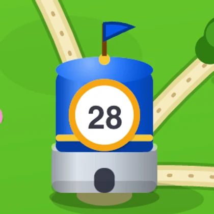 A blue Fort Wars tower, a smooth drum with a pennant on top, holding 28 units.